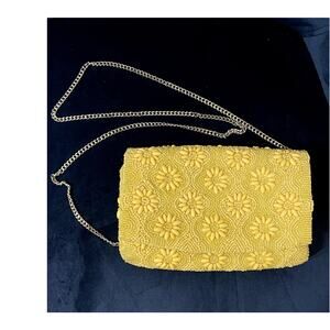 Yellow Vintage Beaded Purse Whimsicore 1950's Flowers Glam Retro Chain Clutch